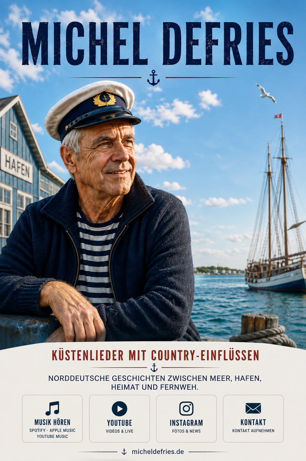 Michel Defries am Hafen vor dem Meer – Küstenlieder mit Country-Einflüssen.